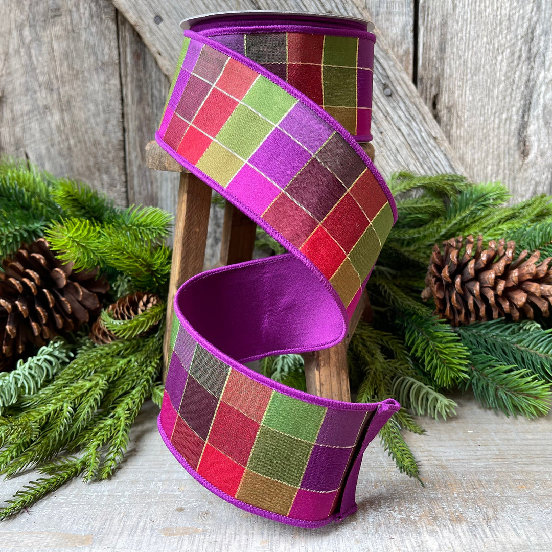 2.5" Purple Sedona Checks, Farrisilk Ribbon, Fall Ribbon