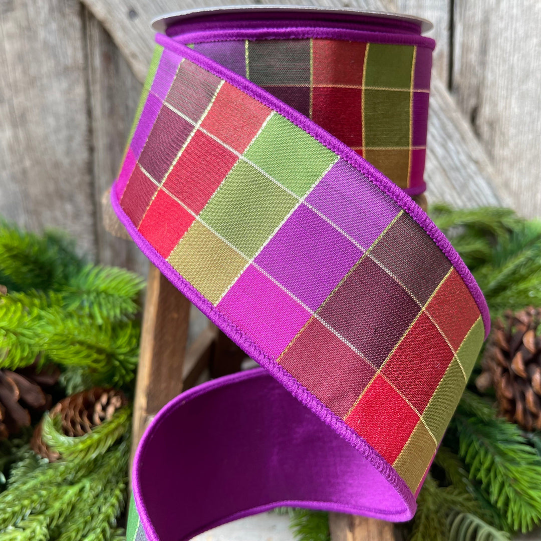 2.5" Purple Sedona Checks, Farrisilk Ribbon, Fall Ribbon