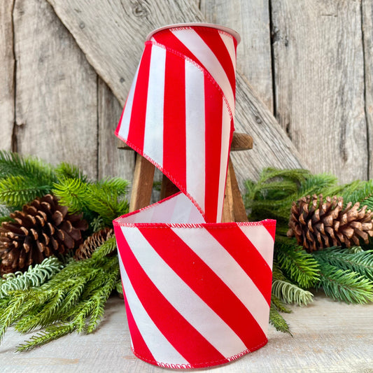 Red & White Diagonal Stripe Christmas Ribbon - 4" x 10 Yards - Wired Holiday Ribbon for DIY Crafts, Decorations