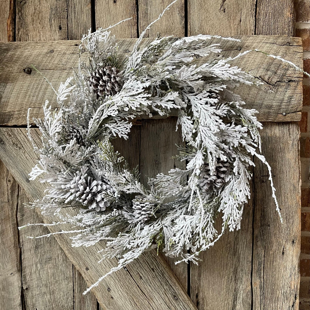 24" Snowy Flocked Wreath,Flocked Front Door Wreath,Christmas Wreath, Artificial Wreath