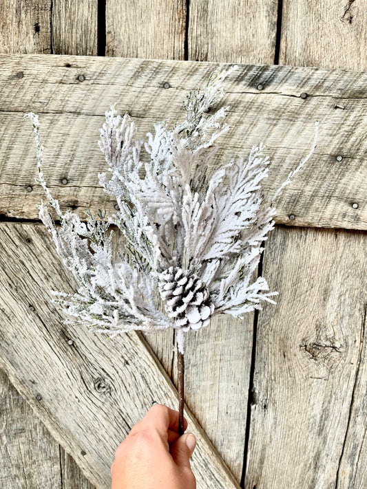 18" Snow Cedar Pinecone Spray, Flocked Pine Stem