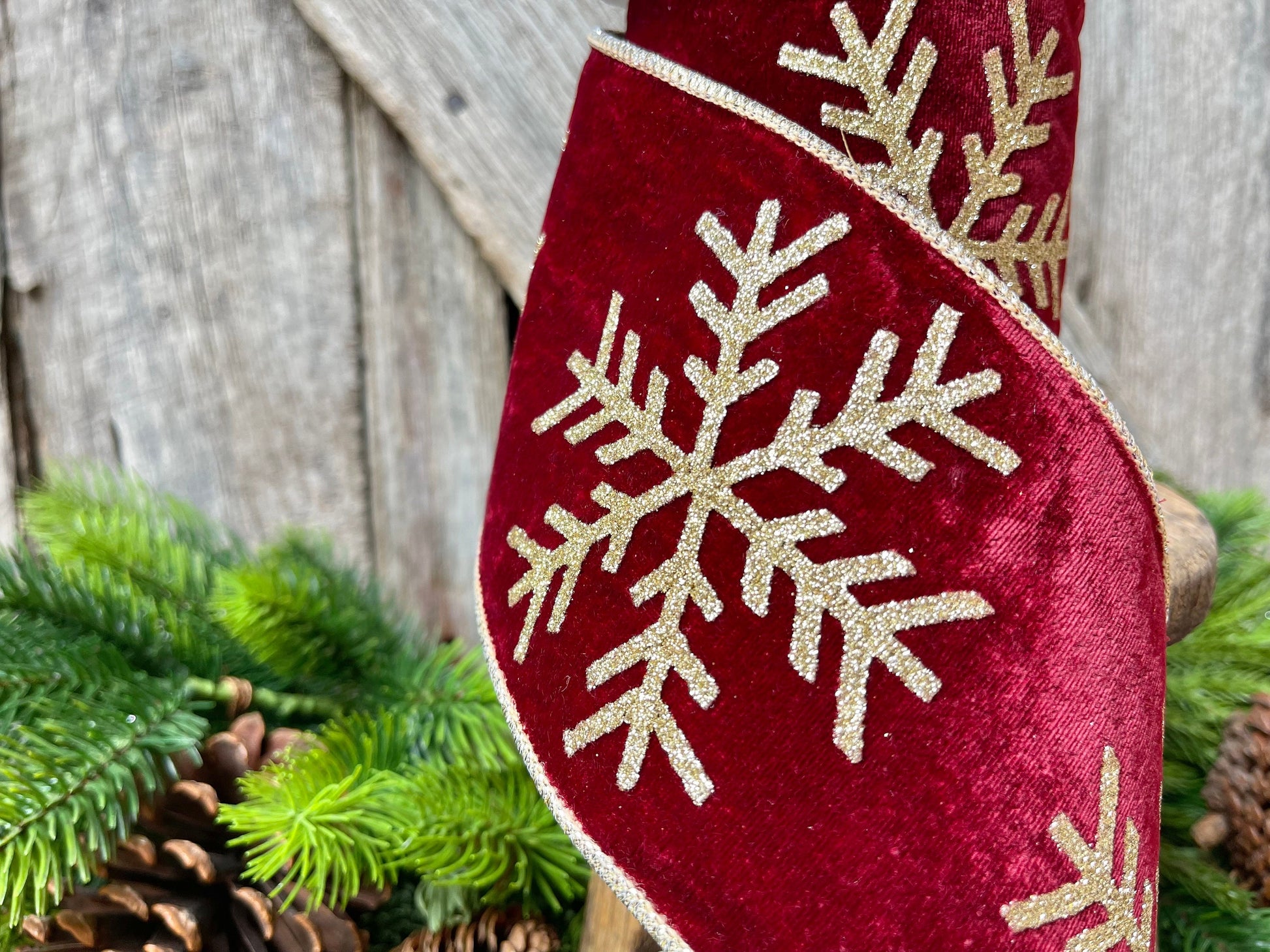 4" Burgundy Glitter Snowflake velvet Ribbon, 5 Yards, Burgundy Velvet RIbbon