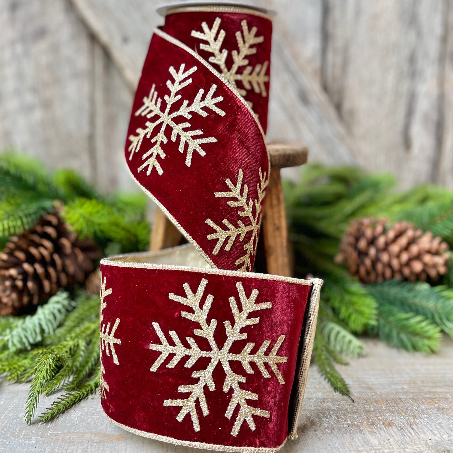 4" Burgundy Glitter Snowflake velvet Ribbon, 5 Yards, Burgundy Velvet RIbbon