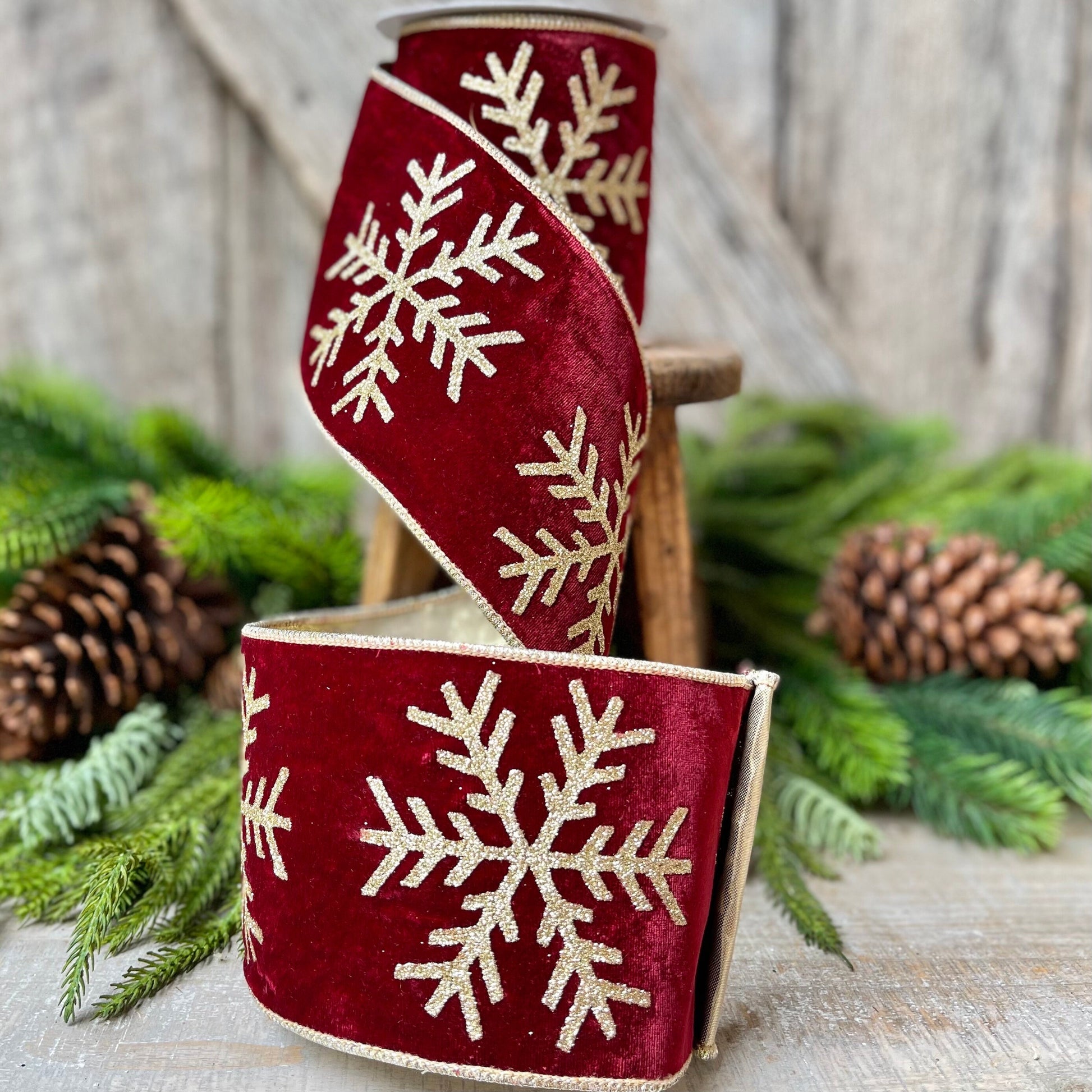 4" Burgundy Glitter Snowflake velvet Ribbon, 5 Yards, Burgundy Velvet RIbbon