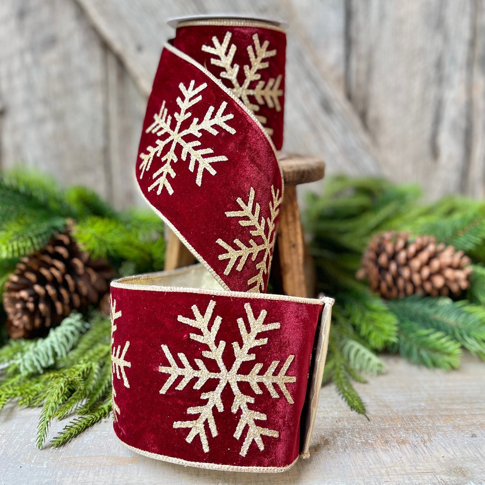 4" Burgundy Glitter Snowflake velvet Ribbon, 5 Yards, Burgundy Velvet RIbbon