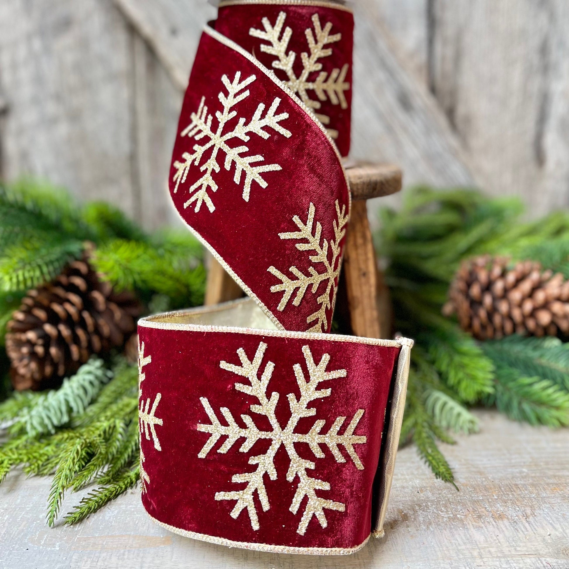 4" Burgundy Glitter Snowflake velvet Ribbon, 5 Yards, Burgundy Velvet RIbbon