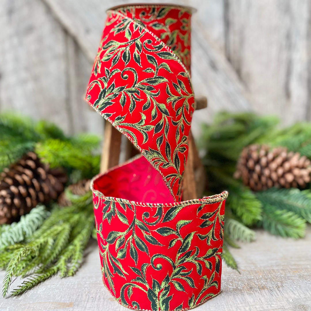 4" Red Flocked Exquisite Scroll Ribbon, Red with Emerald Green Scroll Pattern, Christmas Ribbon