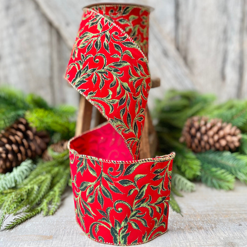 4" Red Flocked Exquisite Scroll Ribbon, Red with Emerald Green Scroll Pattern, Christmas Ribbon