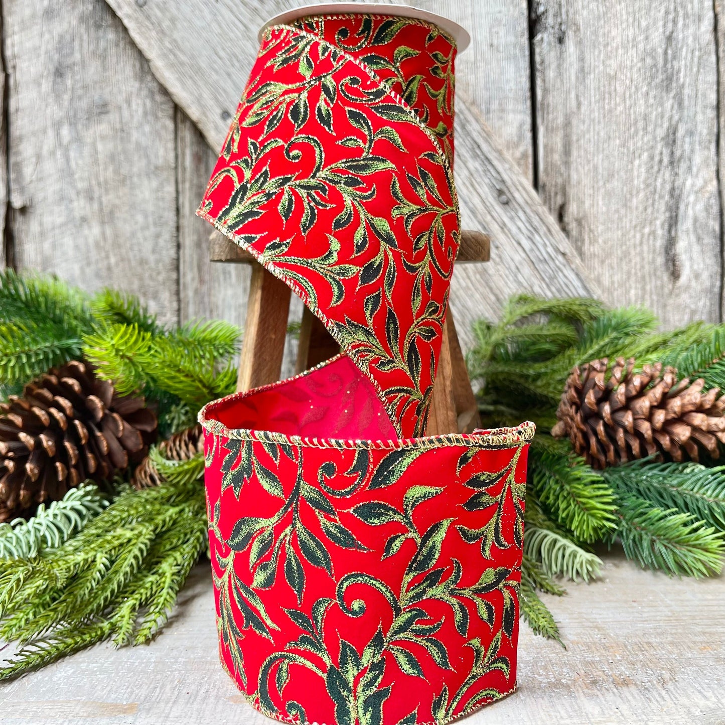 4" Red Flocked Exquisite Scroll Ribbon, Red with Emerald Green Scroll Pattern