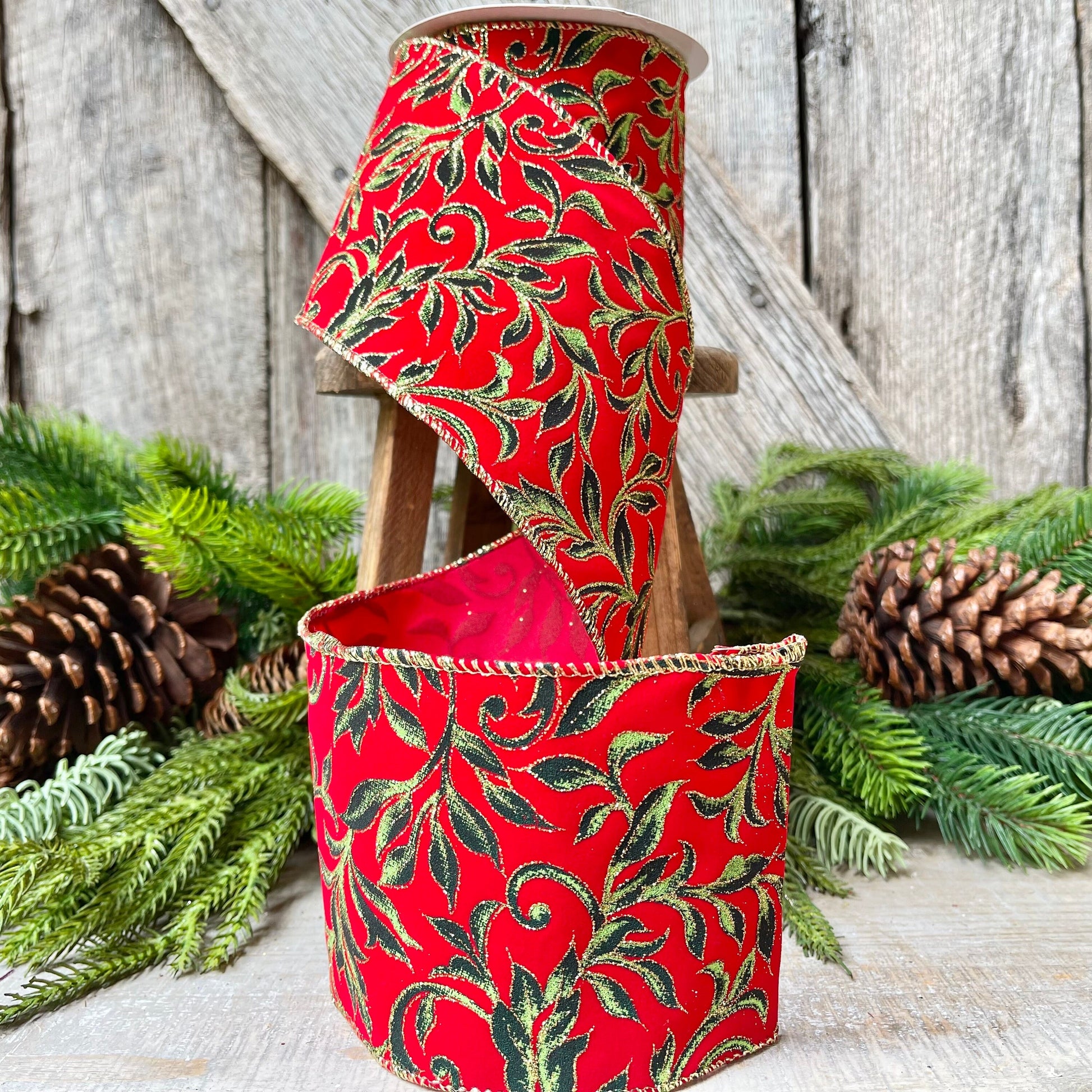 4" Red Flocked Exquisite Scroll Ribbon, Red with Emerald Green Scroll Pattern