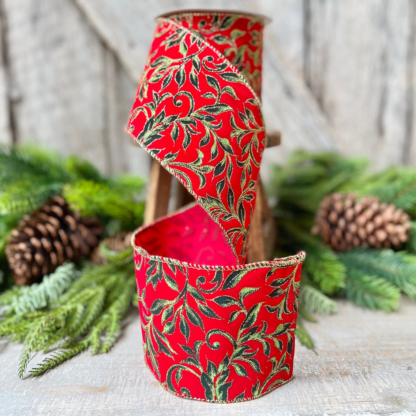 4" Red Flocked Exquisite Scroll Ribbon, Red with Emerald Green Scroll Pattern