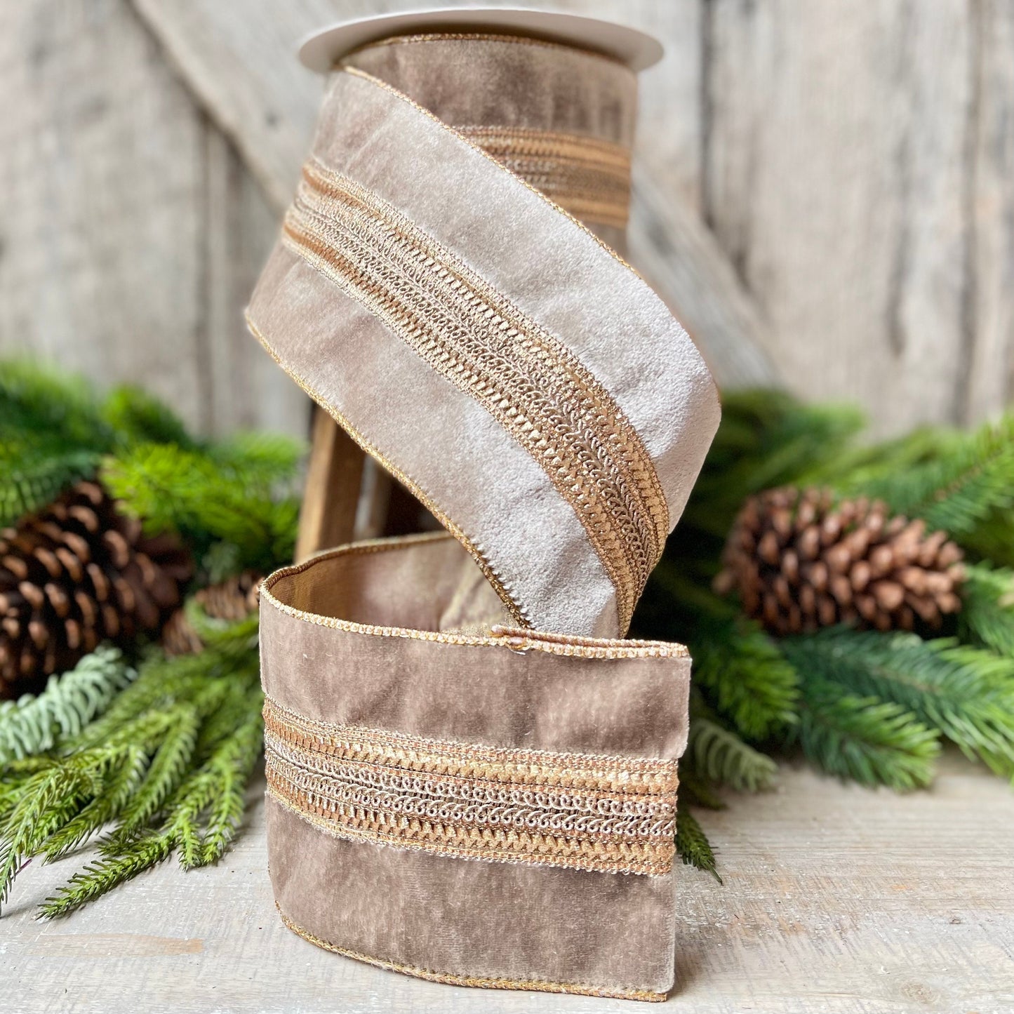 4" Grey Taupe Velvet Ribbon, 5 Yards, Christmas Tree Ribbon