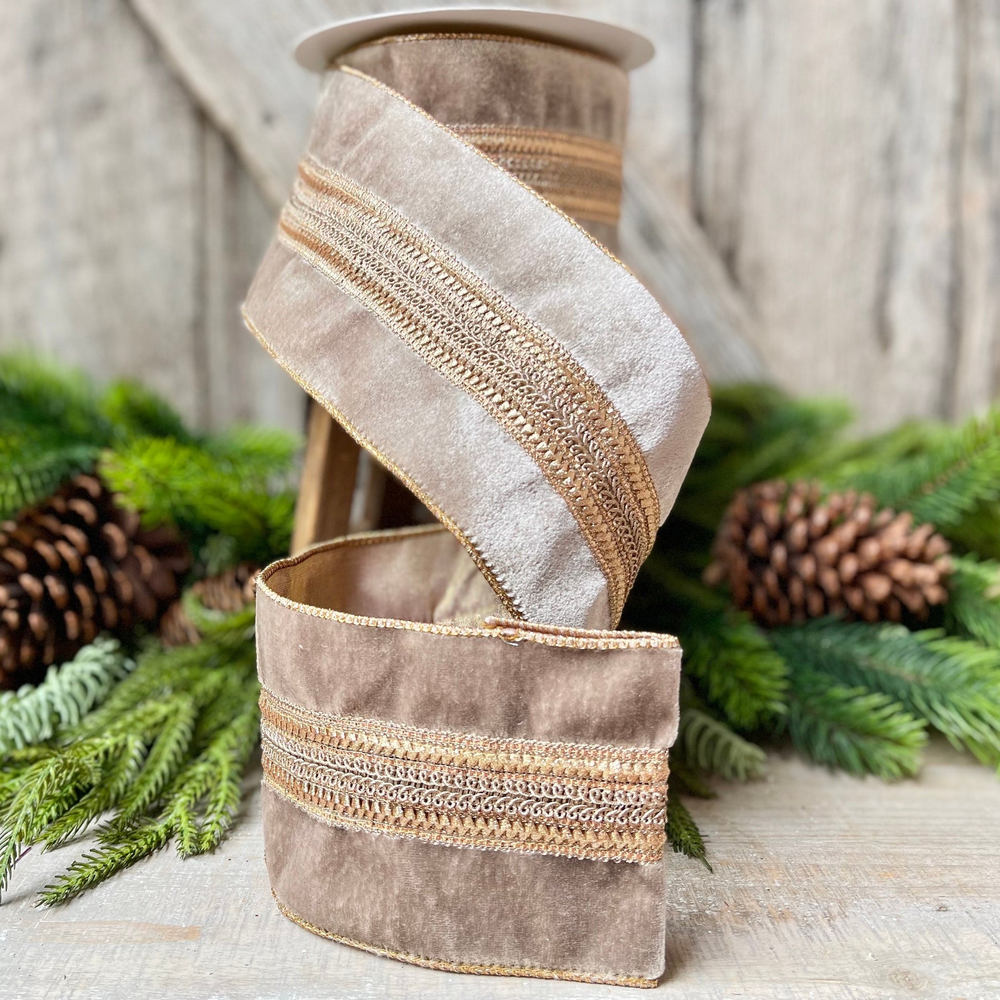 4" Grey Taupe Velvet Ribbon, 5 Yards, Christmas Tree Ribbon
