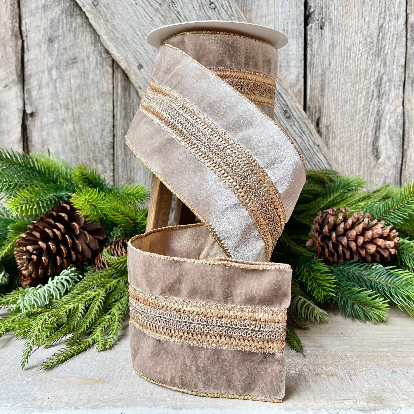 4" Grey Taupe Velvet Ribbon, 5 Yards, Christmas Tree Ribbon