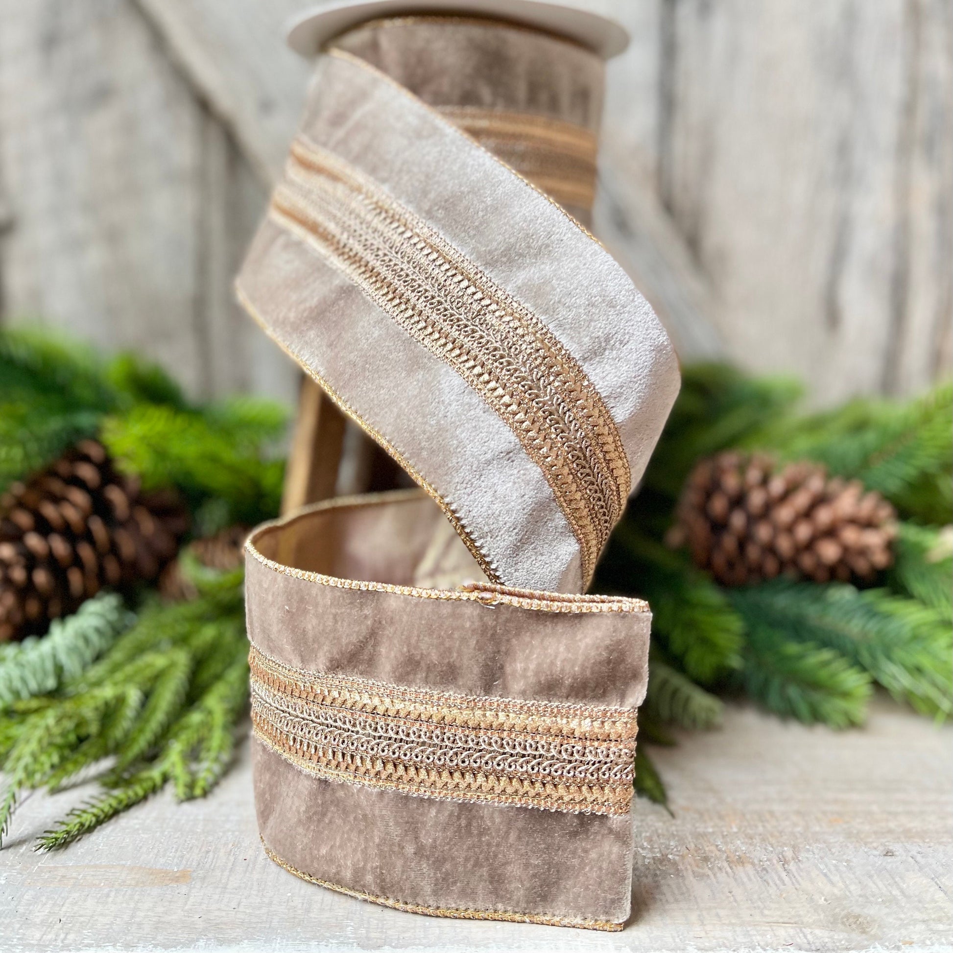 4" Grey Taupe Velvet Ribbon, 5 Yards, Christmas Tree Ribbon