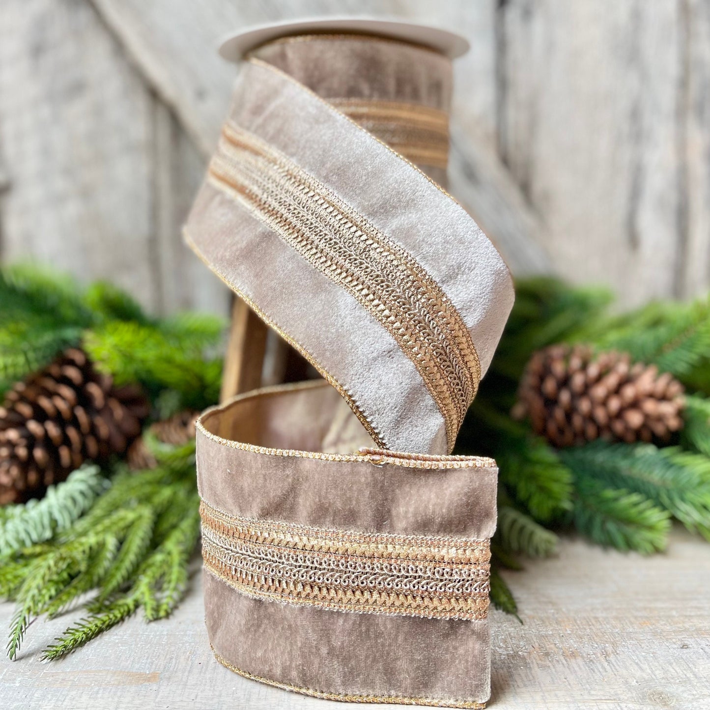 4" Grey Taupe Velvet Ribbon, 5 Yards, Christmas Tree Ribbon
