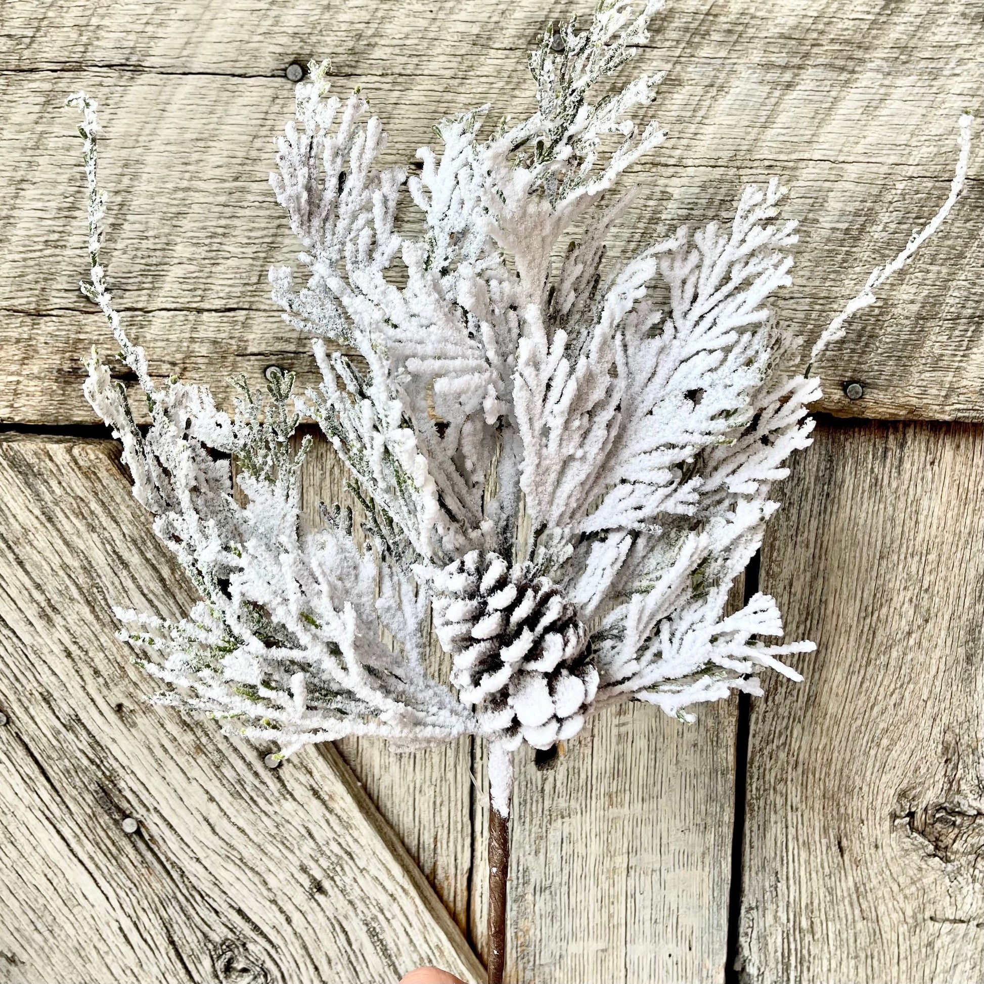 18" Snow Cedar Pinecone Spray, Flocked Pine Stem