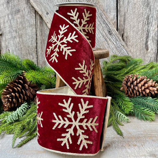 4" Burgundy Glitter Snowflake velvet Ribbon, 5 Yards, Burgundy Velvet RIbbon