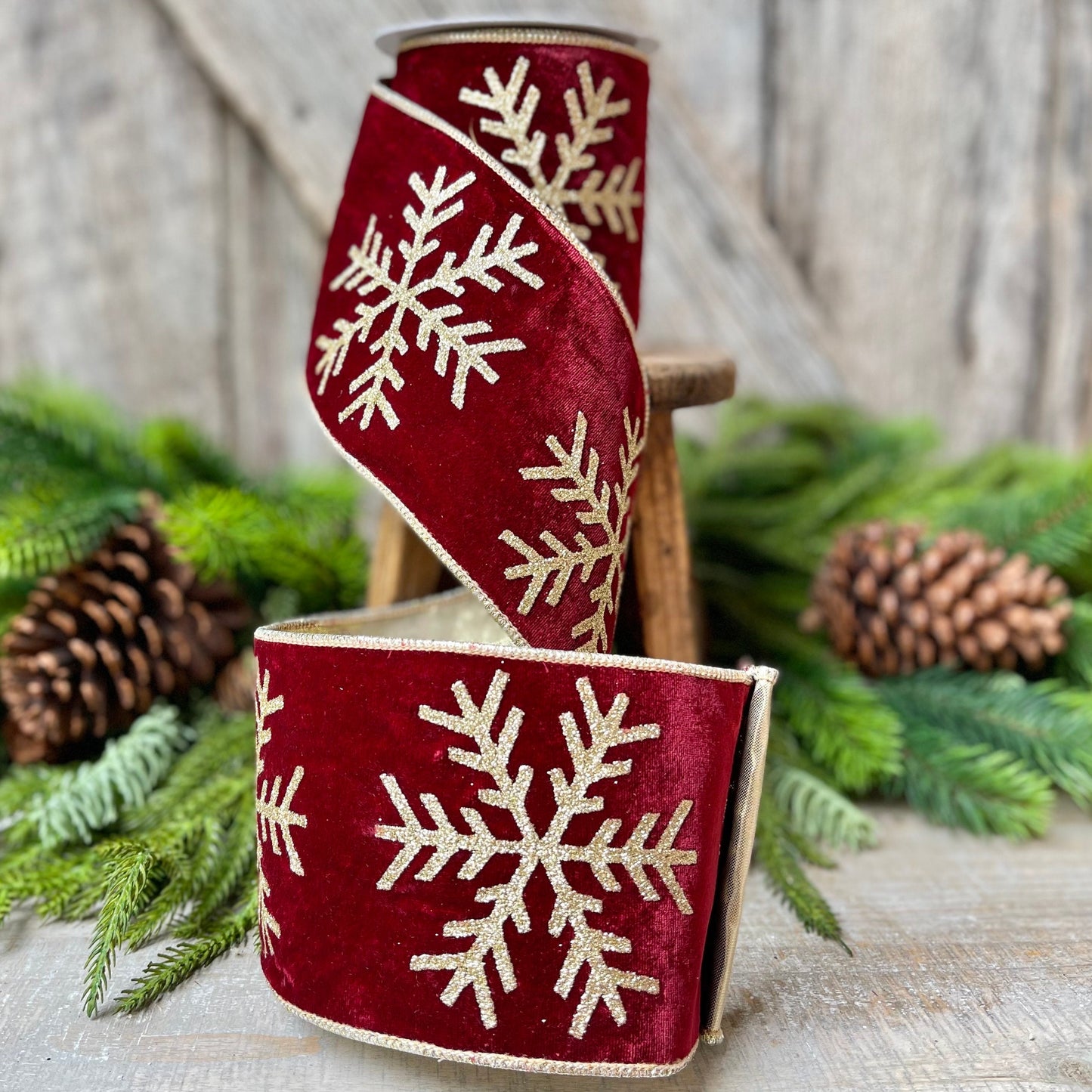 4" Burgundy Glitter Snowflake velvet Ribbon, 5 Yards, Burgundy Velvet RIbbon