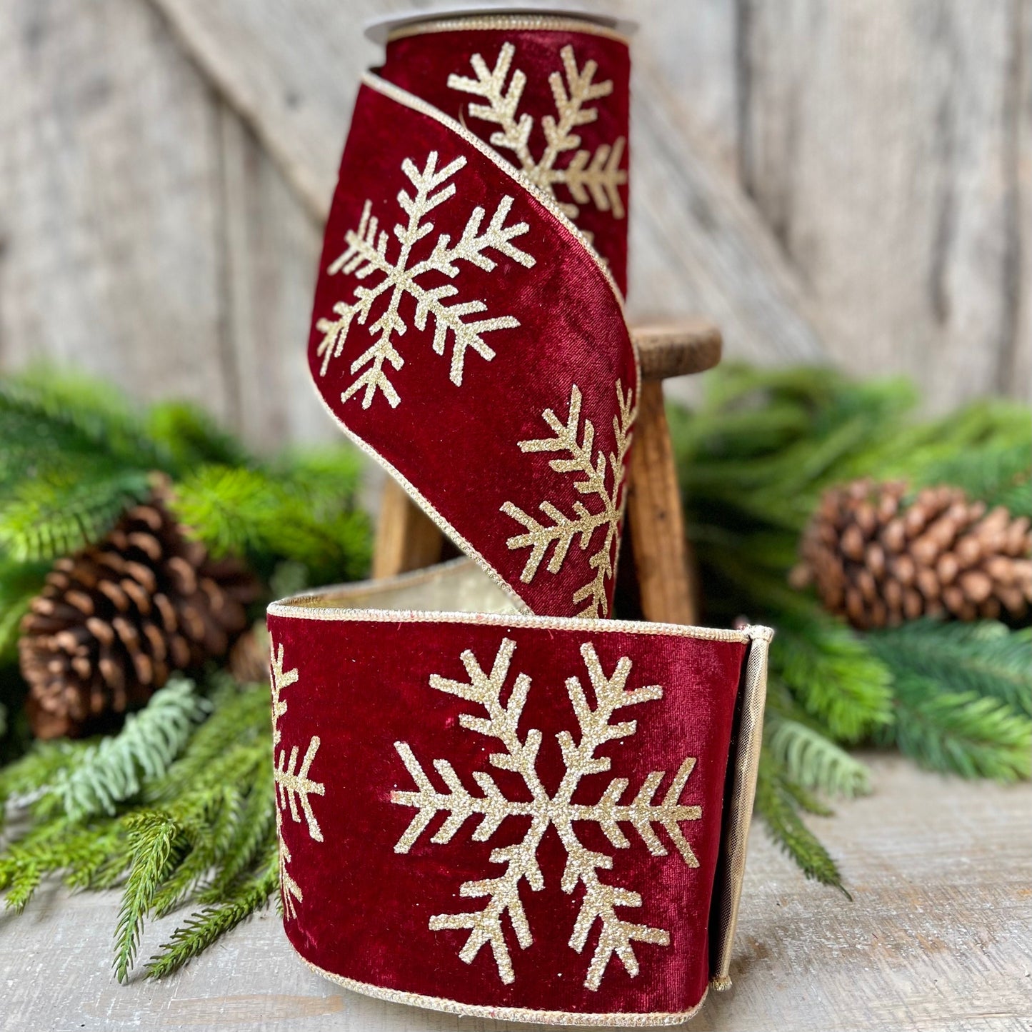 4" Burgundy Glitter Snowflake velvet Ribbon, 5 Yards, Burgundy Velvet RIbbon