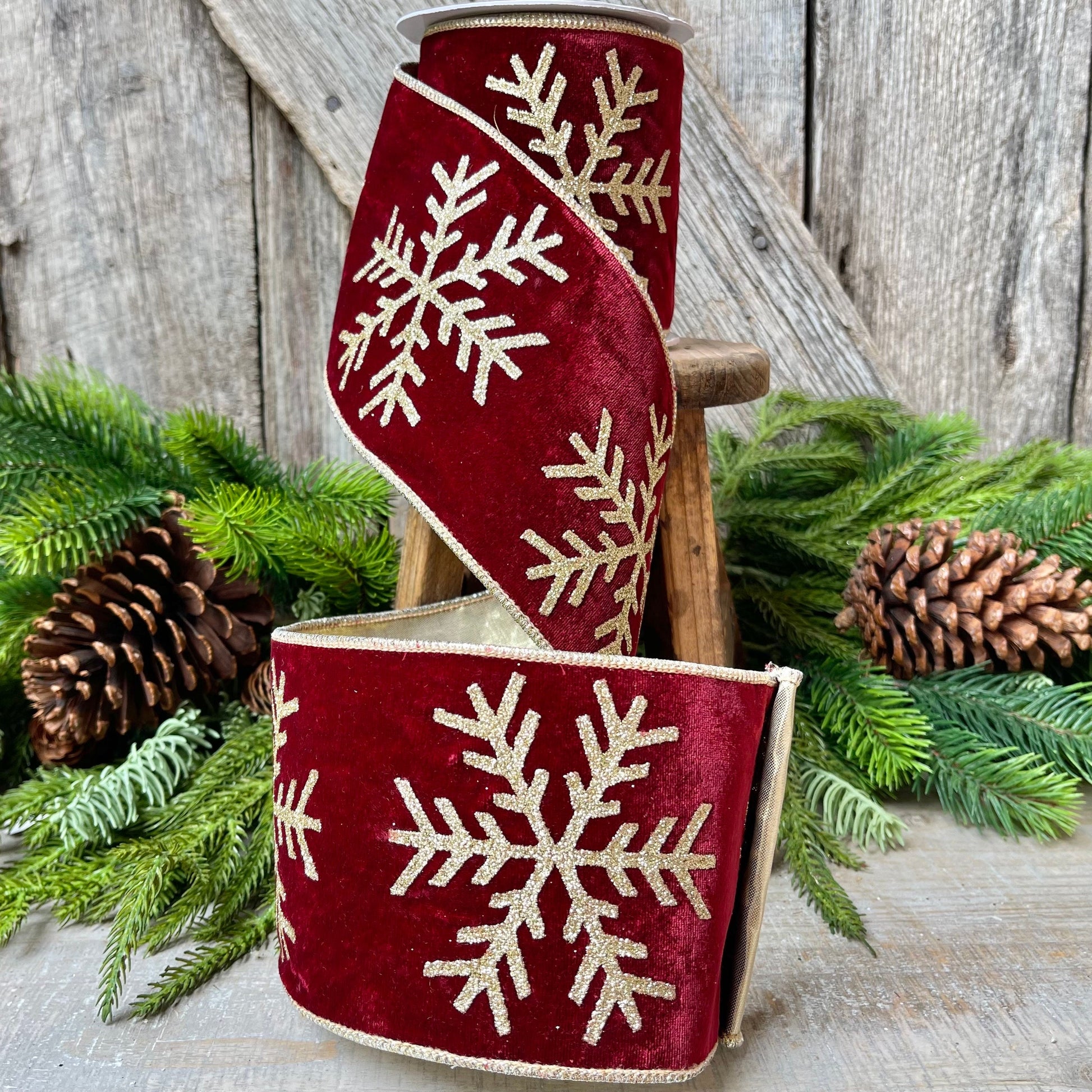 4" Burgundy Glitter Snowflake velvet Ribbon, 5 Yards, Burgundy Velvet RIbbon