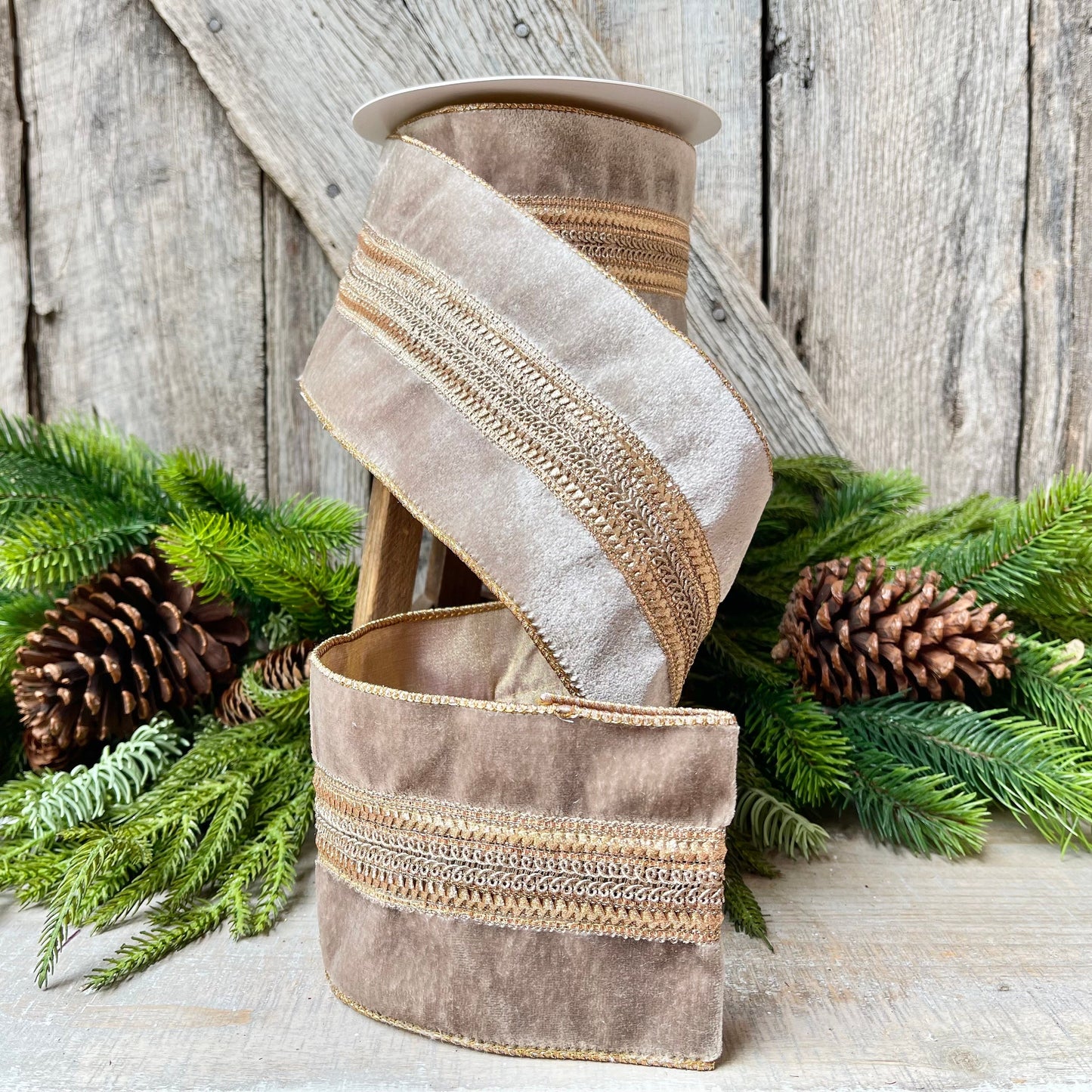 4" Grey Taupe Velvet Ribbon, 5 Yards, Christmas Tree Ribbon