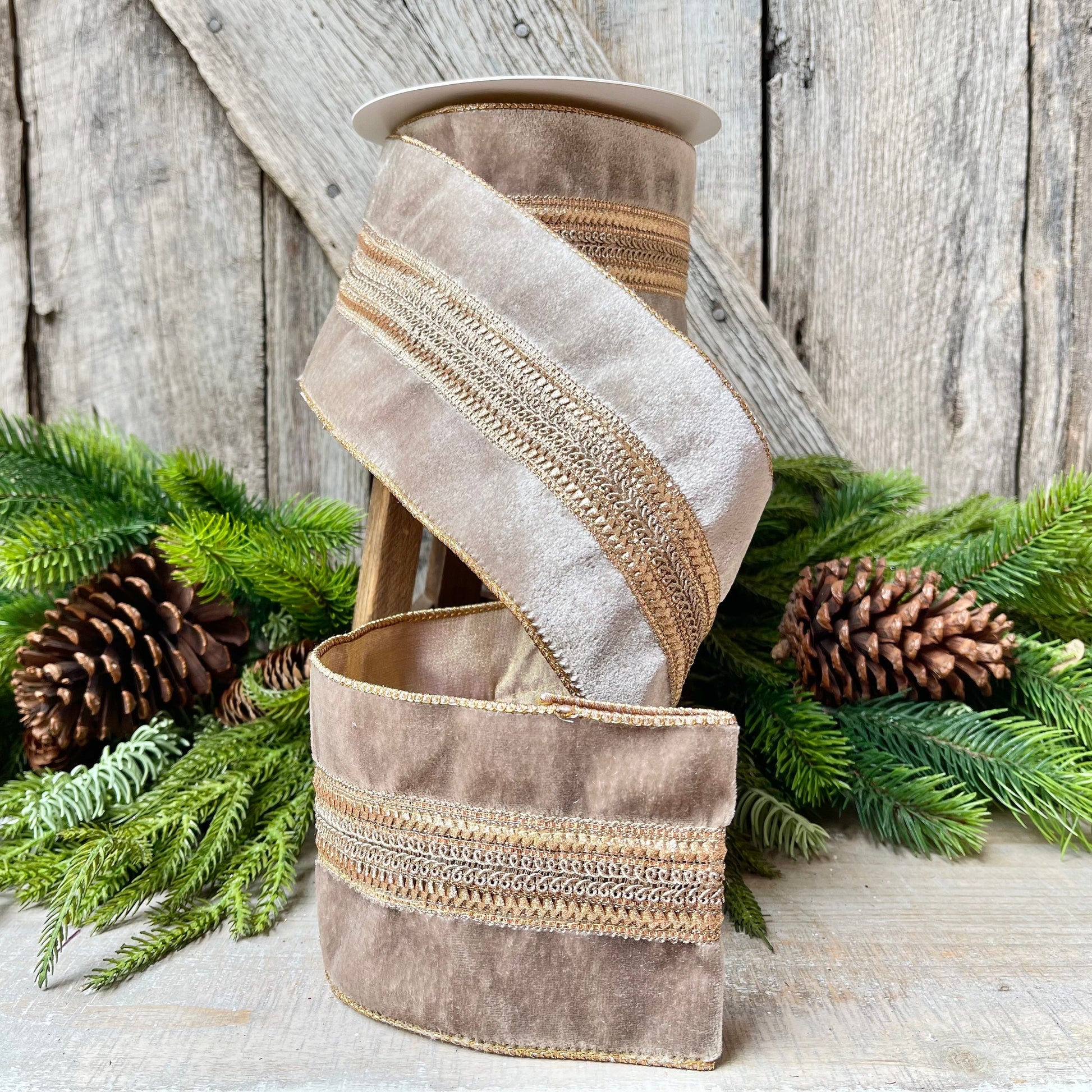4" Grey Taupe Velvet Ribbon, 5 Yards, Christmas Tree Ribbon
