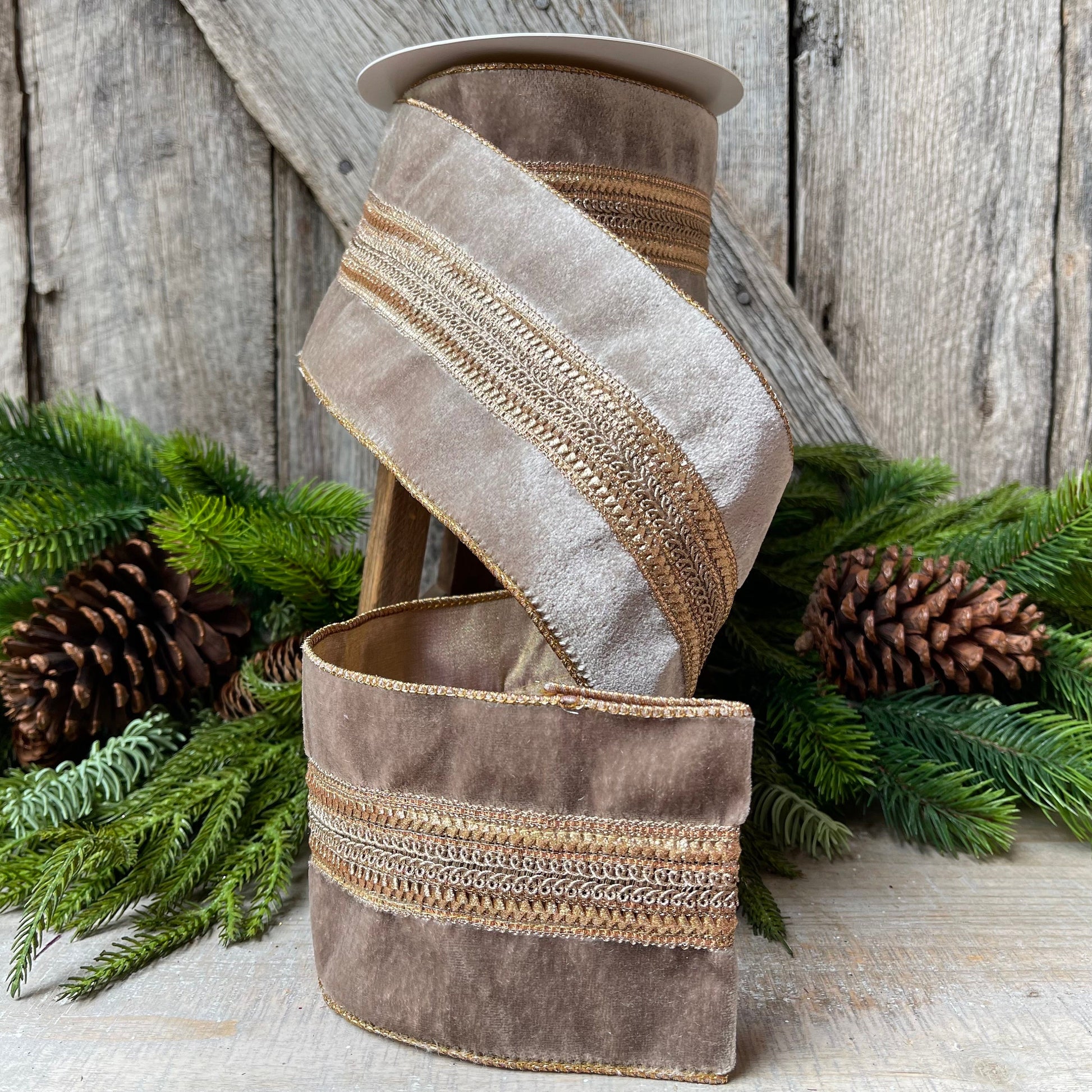 4" Grey Taupe Velvet Ribbon, 5 Yards, Christmas Tree Ribbon