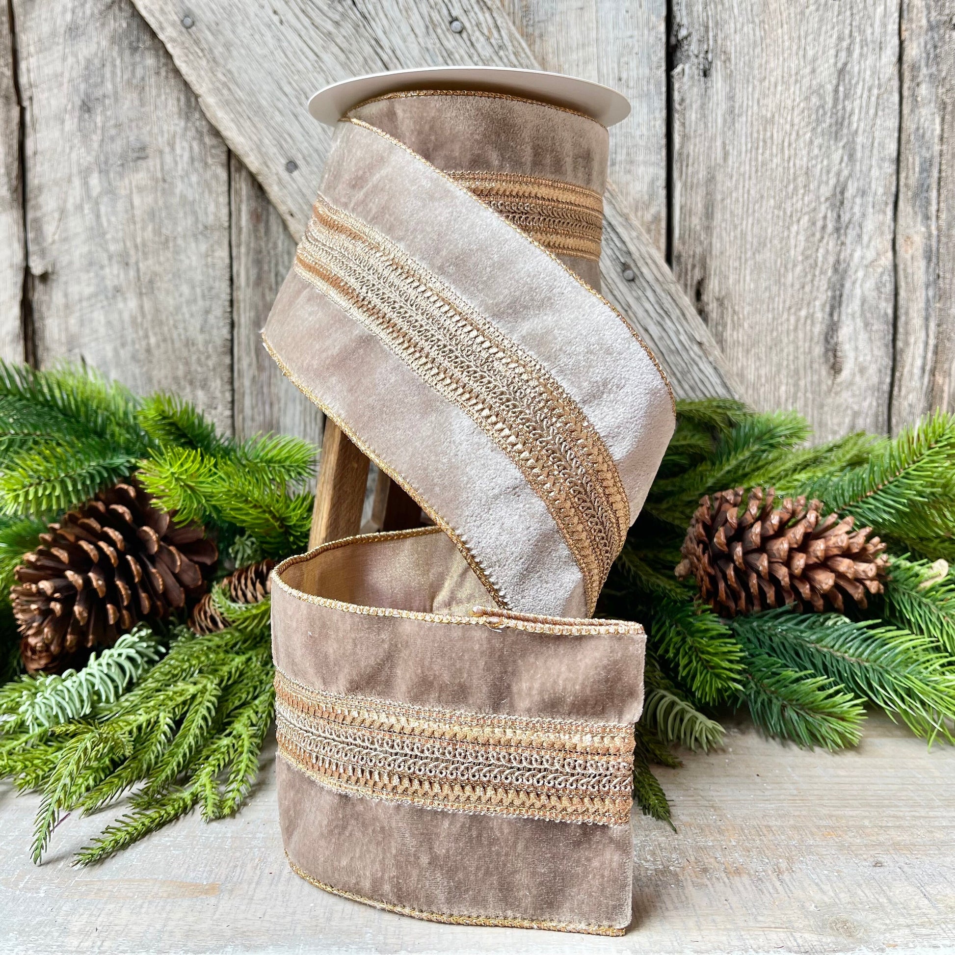 4" Grey Taupe Velvet Ribbon, 5 Yards, Christmas Tree Ribbon