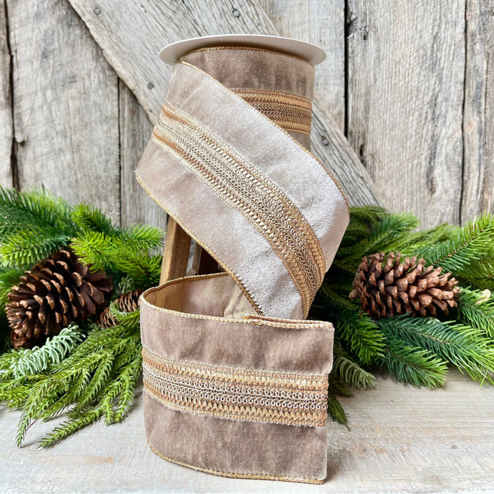 4" Grey Taupe Velvet Ribbon, 5 Yards, Christmas Tree Ribbon