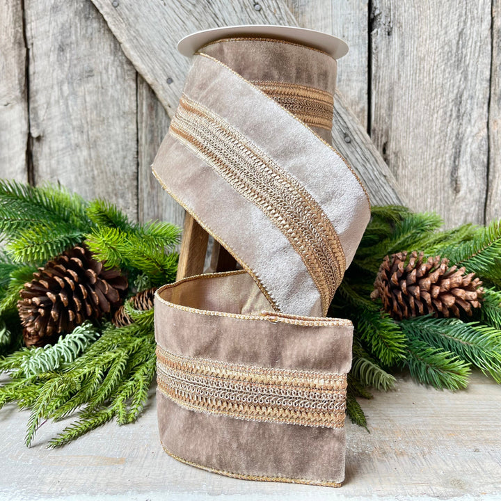 4" Grey Taupe Velvet Ribbon, 5 Yards, Christmas Tree Ribbon