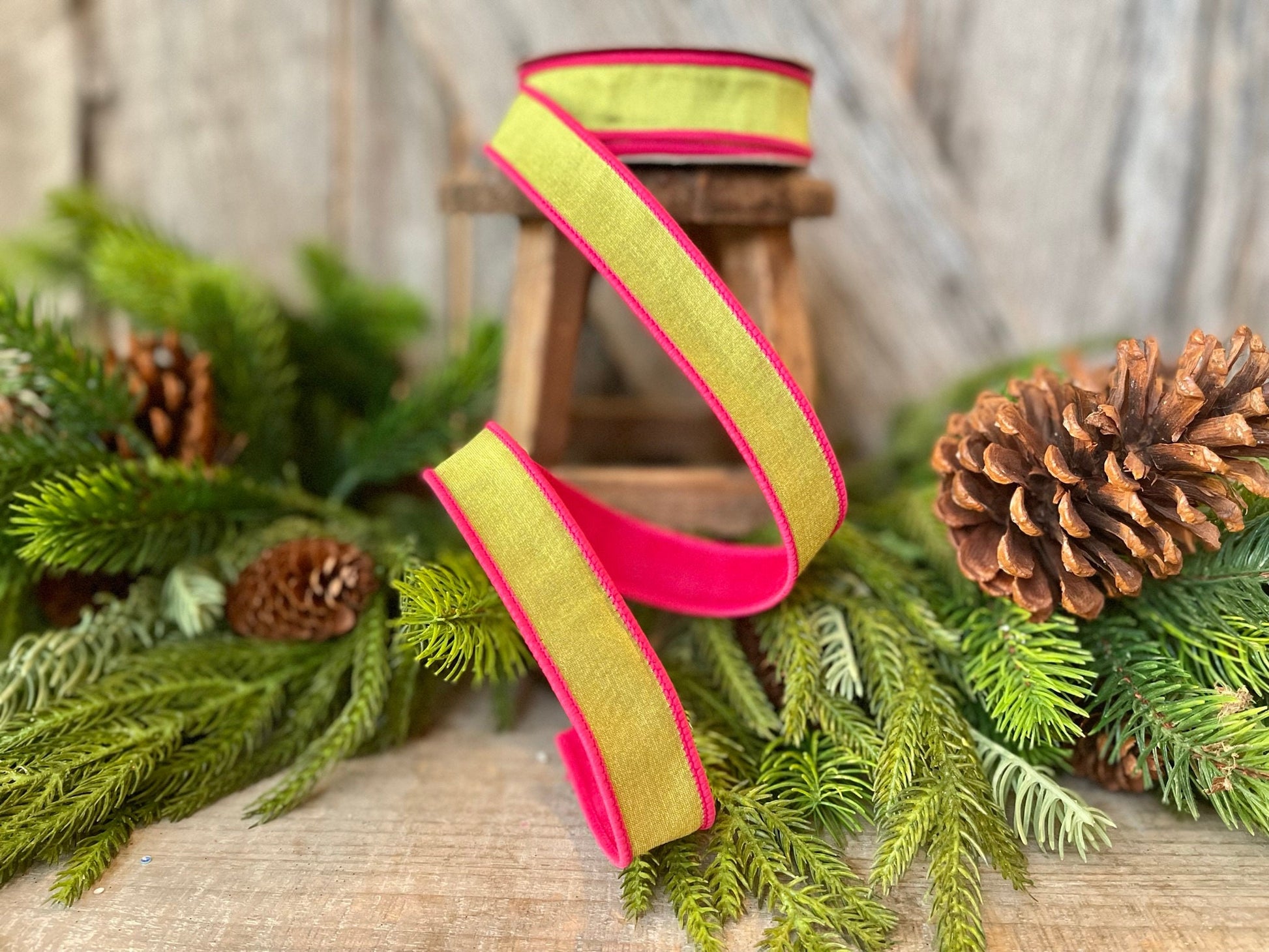 1" Pink and Lime Green Contrast Taffeta, Farrisilk Ribbon, Wired Ribbon