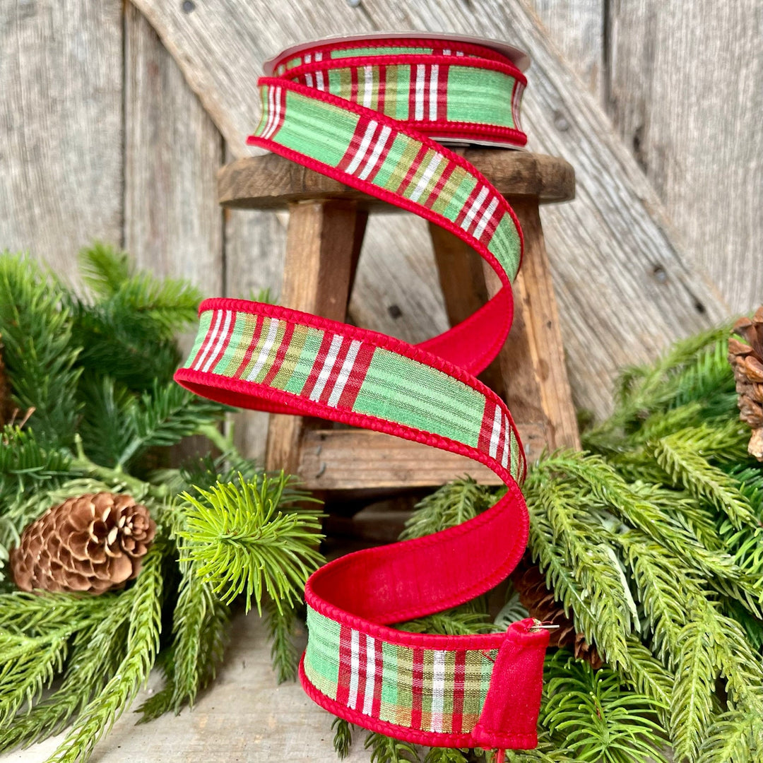 1" Red Green Plaid Ribbon, Christmas Tree Ribbon