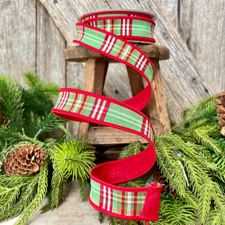 1" Red Green Plaid Ribbon, Christmas Tree Ribbon