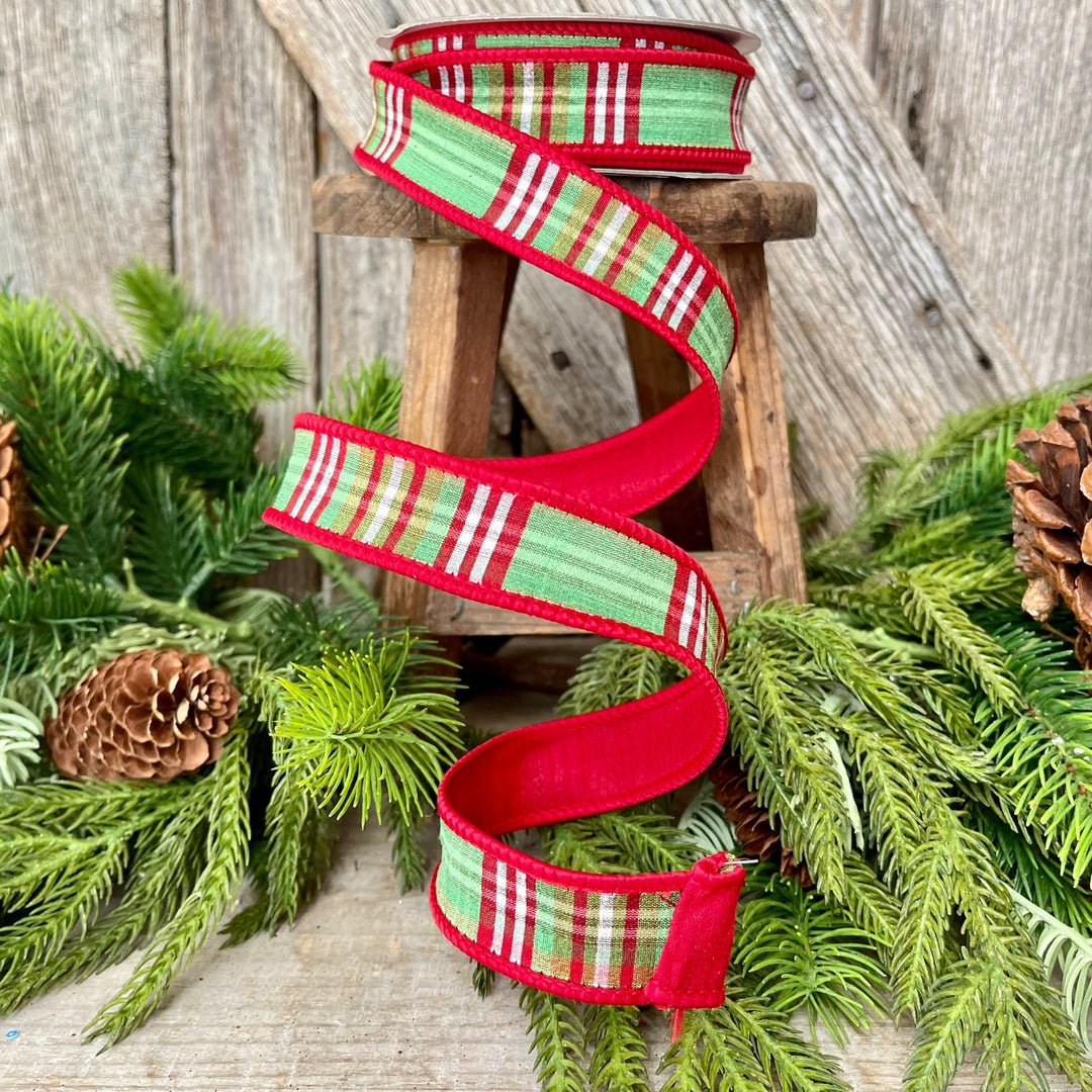 1" Red Green Plaid Ribbon, Christmas Tree Ribbon