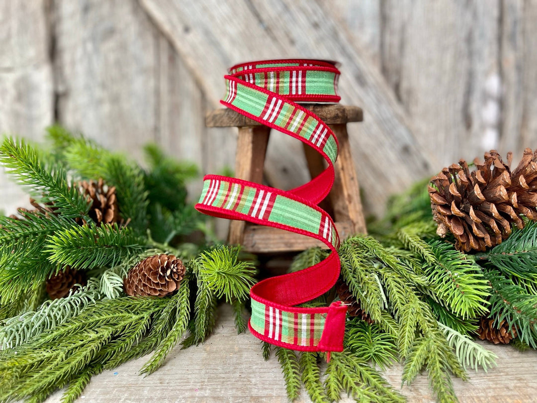 1" Red Green Plaid Ribbon, Christmas Tree Ribbon