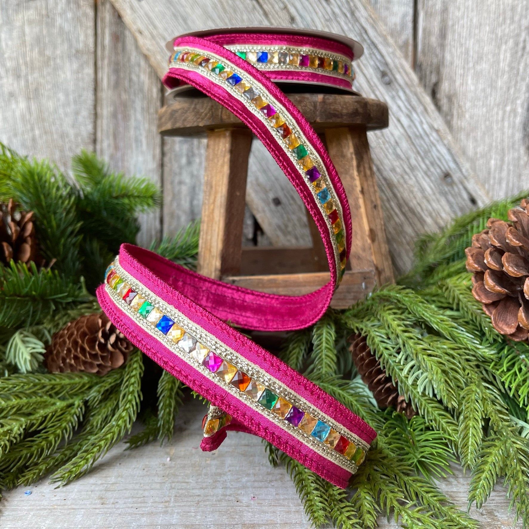 1" Hot Pink KALEIDOSCOPE Ribbon, Farrisilk Ribbon, Hot Pink Jeweled Ribbon