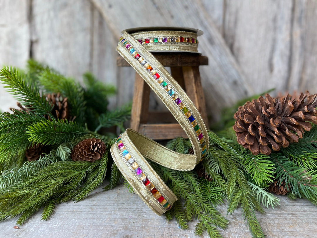 1" Gold KALEIDOSCOPE Ribbon, Farrisilk Ribbon, Gold Jeweled Ribbon