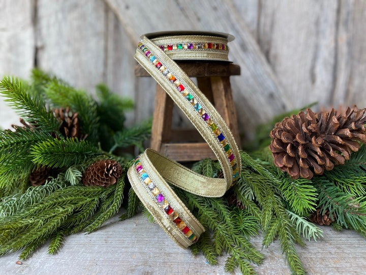 1" Gold KALEIDOSCOPE Ribbon, Farrisilk Ribbon, Gold Jeweled Ribbon