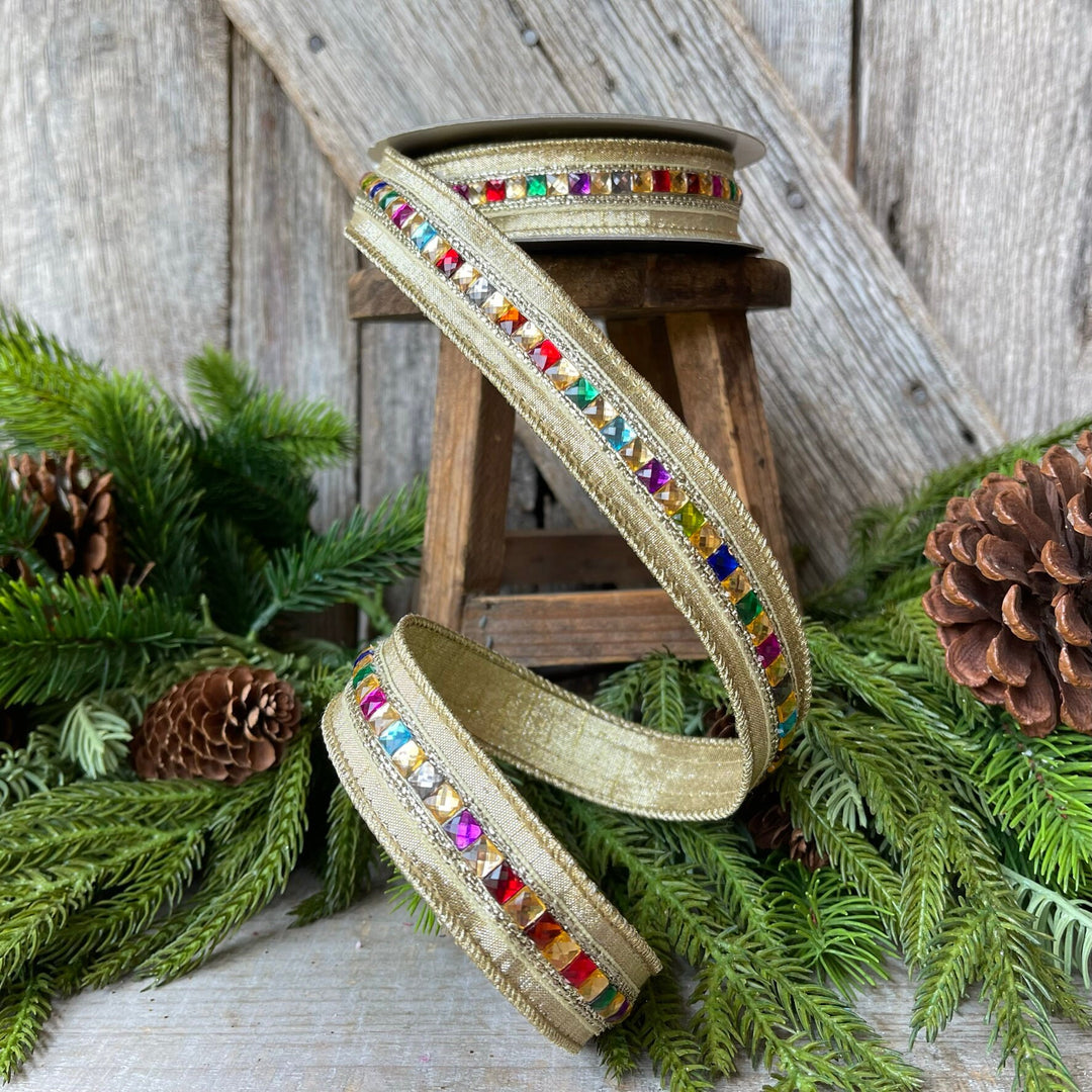 1" Gold KALEIDOSCOPE Ribbon, Farrisilk Ribbon, Gold Jeweled Ribbon