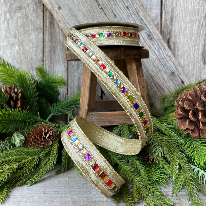 1" Gold KALEIDOSCOPE Ribbon, Farrisilk Ribbon, Gold Jeweled Ribbon