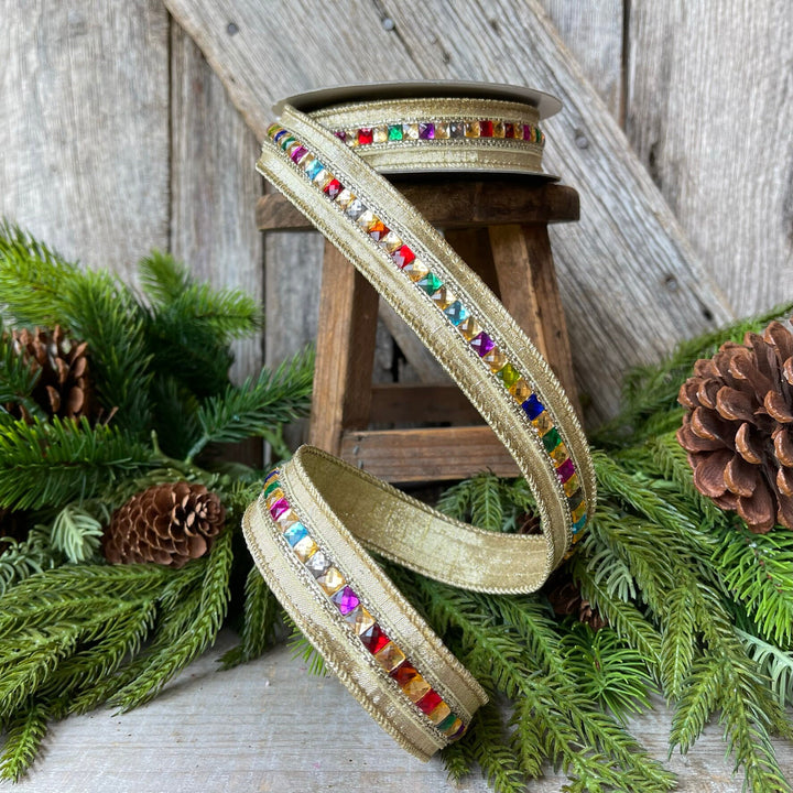 1" Gold KALEIDOSCOPE Ribbon, Farrisilk Ribbon, Gold Jeweled Ribbon