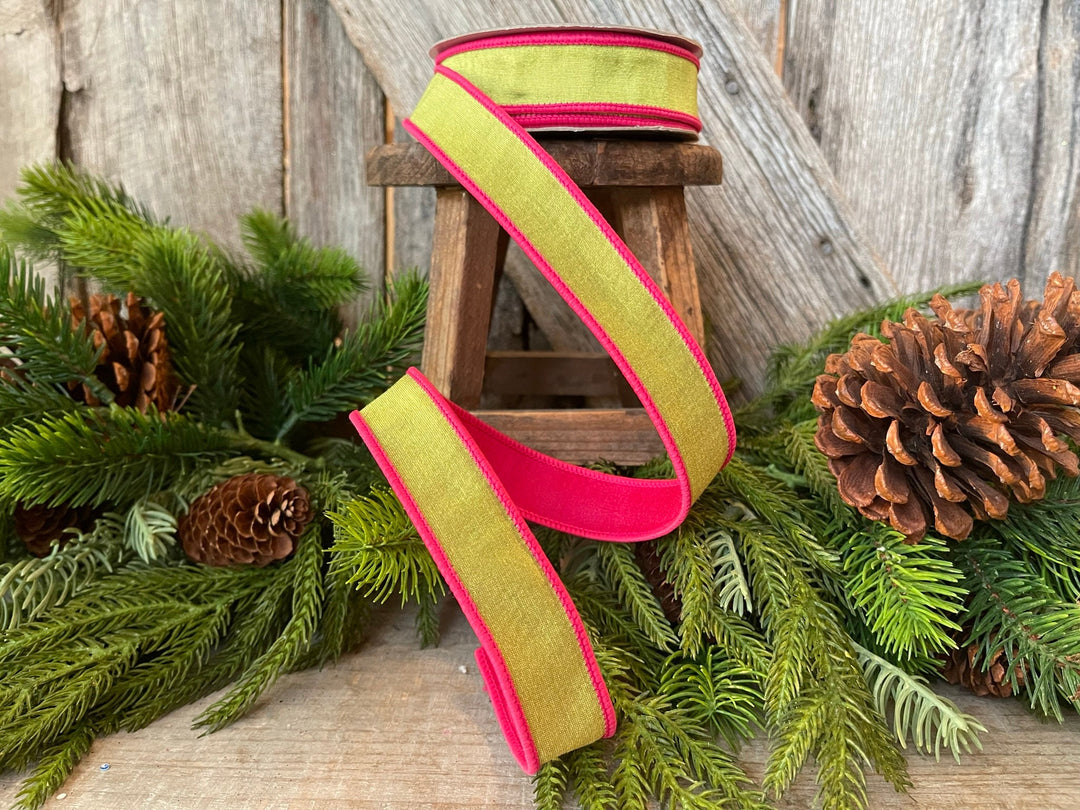 1" Pink and Lime Green Contrast Taffeta, Farrisilk Ribbon, Wired Ribbon