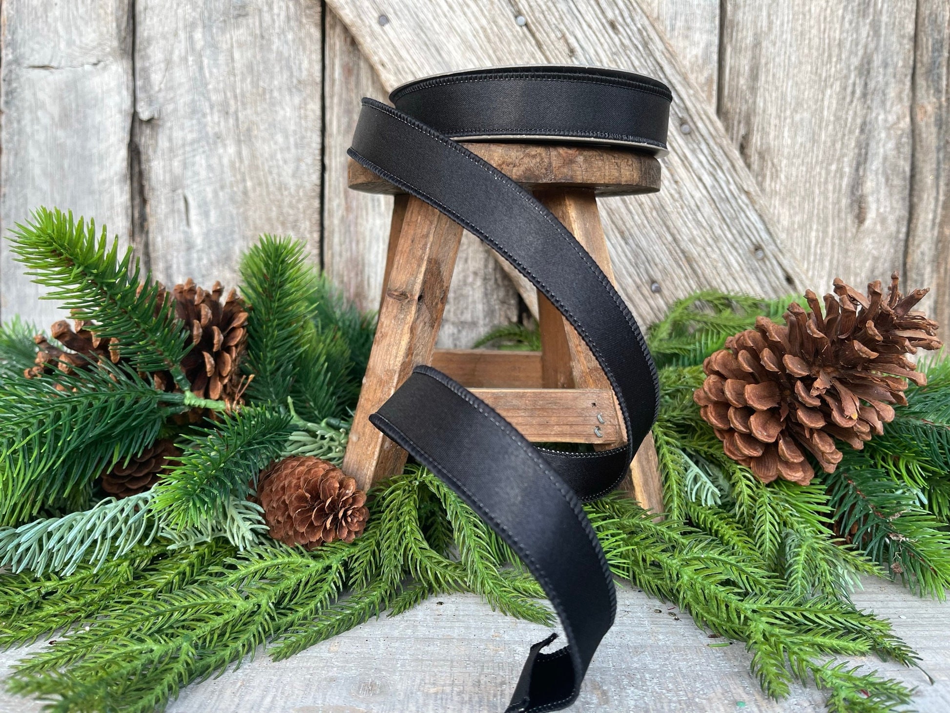 1" Black Wired Satin Ribbon, Farrisilk Ribbon, Satin Ribbon