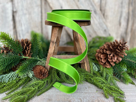 1" Lime Green Satin Ribbon, Farrisilk Ribbon, Wired Ribbon