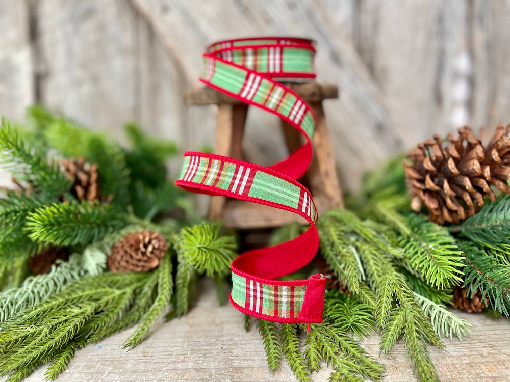 1" Red Green Plaid Ribbon, Christmas Tree Ribbon