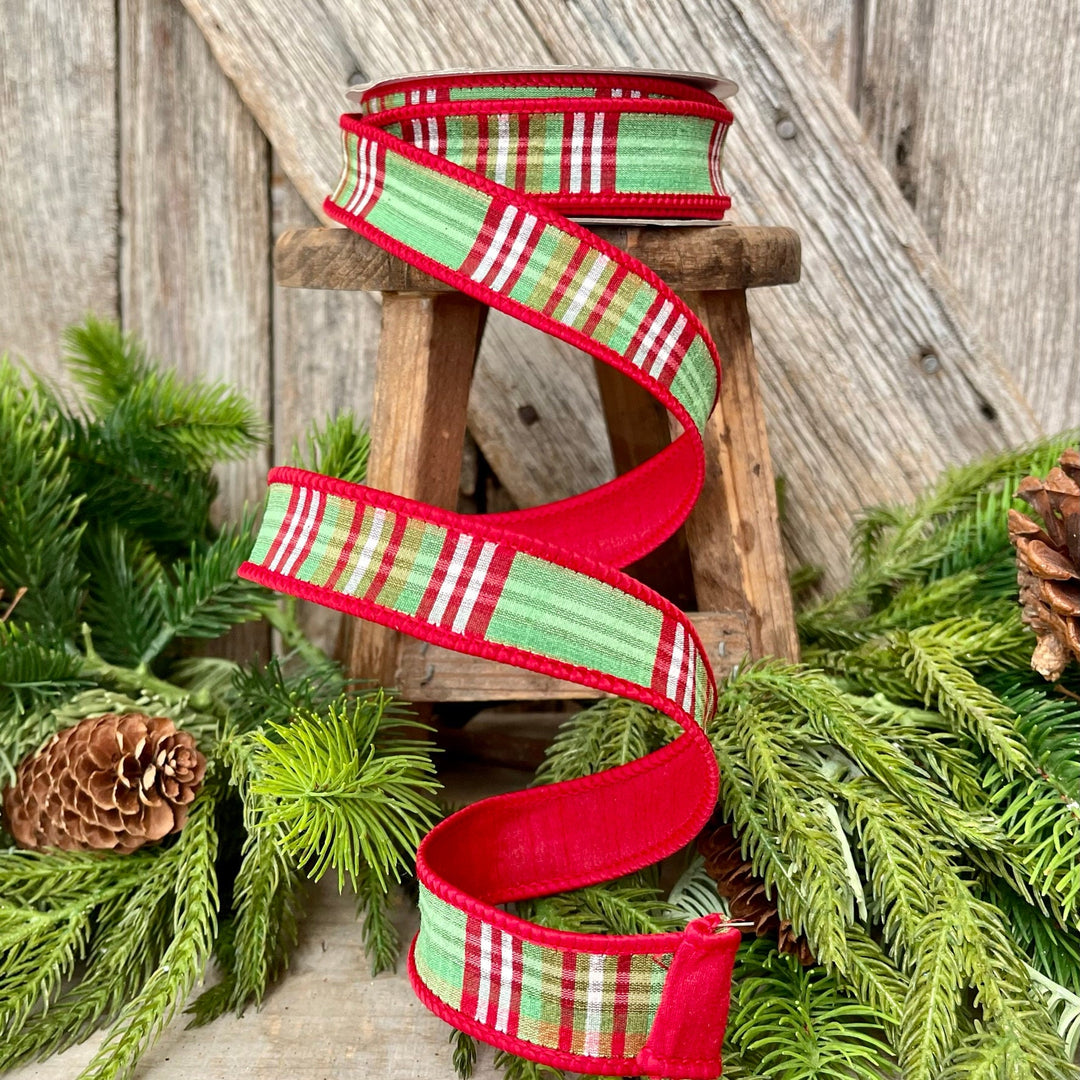 1" Red Green Plaid Ribbon, Christmas Tree Ribbon