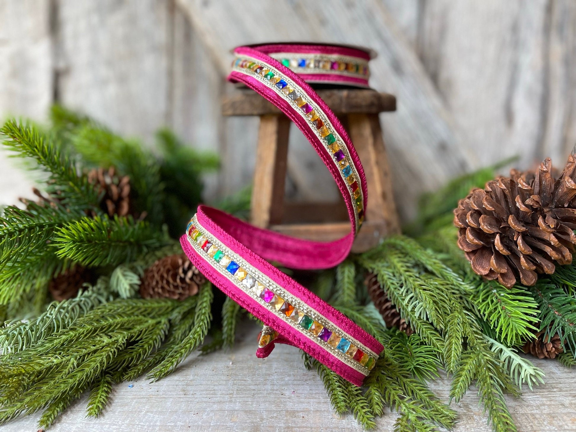 1" Hot Pink KALEIDOSCOPE Ribbon, Farrisilk Ribbon, Hot Pink Jeweled Ribbon