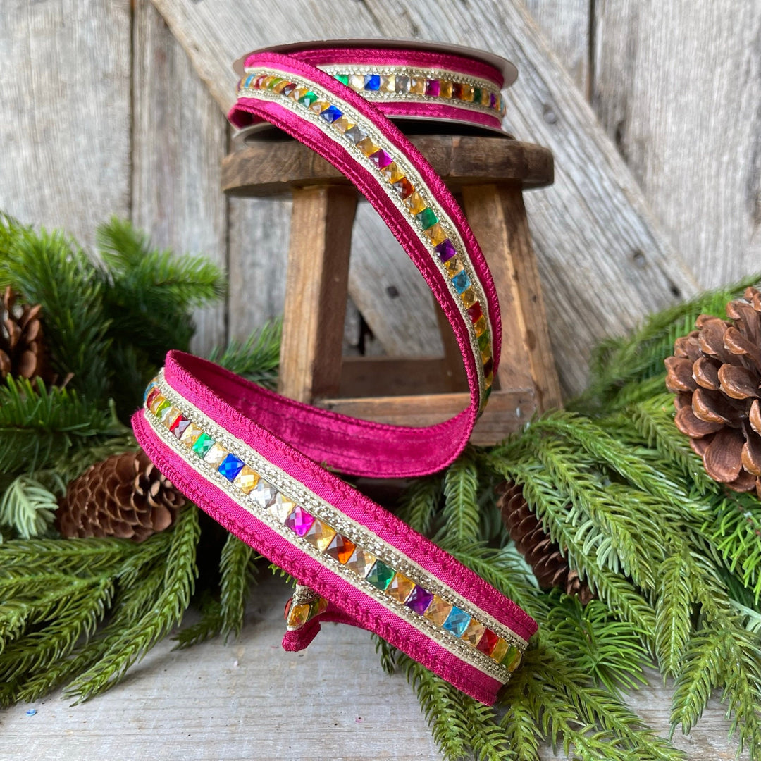 1" Hot Pink KALEIDOSCOPE Ribbon, Farrisilk Ribbon, Hot Pink Jeweled Ribbon