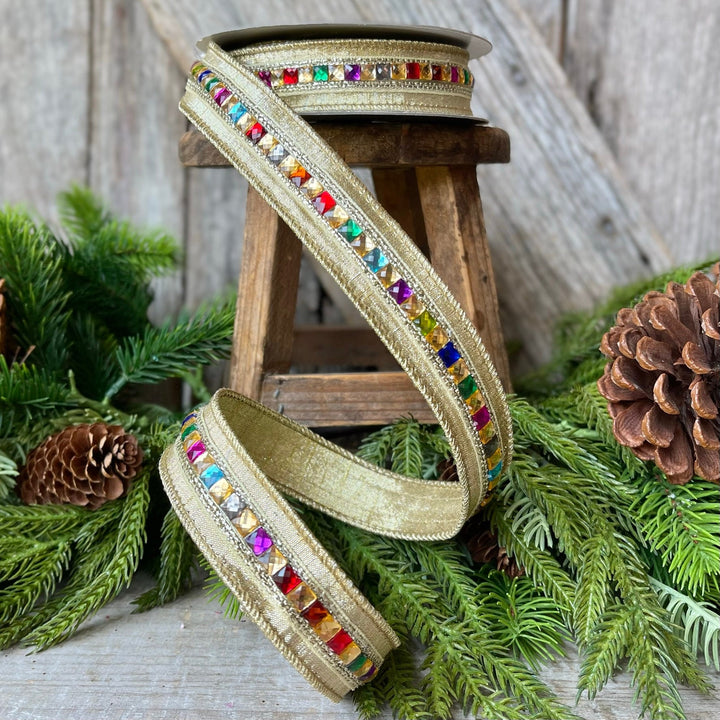 1" Gold KALEIDOSCOPE Ribbon, Farrisilk Ribbon, Gold Jeweled Ribbon